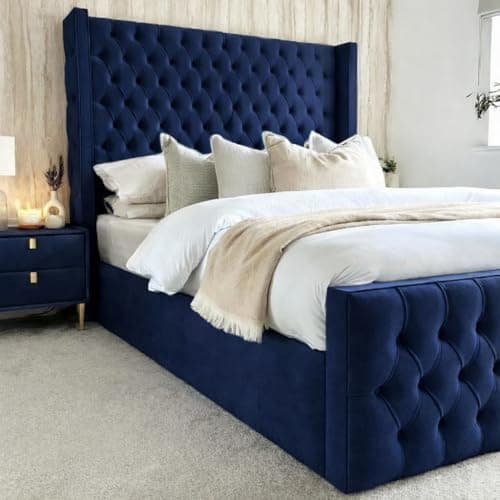 Image of Home Interior Plush Velvet Fabric Upholstered Cannes Wingback Bed - UK Made - Mattress/Gas Lift Options (Navy Blue Plush, King (5ft) Bed Frame)