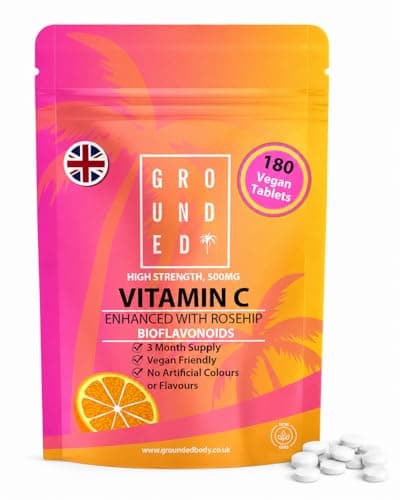 Image of Vitamin C 500 mg Enhanced with Rosehip Bioflavonoids, 3 Month Supply (180 Tablets) Vegan & Vegetarian Friendly High Strength, Premium Dose Slow Release VIT C for Immune Support, UK Made by Grounded