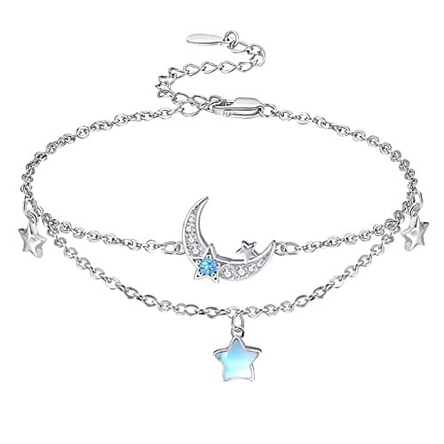 Image of KINGWHYTE Moonstone Bracelet 925 Sterling Silver Moon Bracelet Adjustable Moon Star Layered Bracelets Jewellery Gift for Women Girls Wife Friends