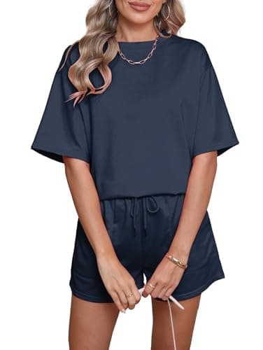 Image of Famulily 2 Piece Summer Outfits for Women Short Sleeve Cotton Solid Color Tracksuit Set with Two Pockets Dark Blue L