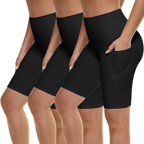 Image of AMIYOYO 3 Pack Cycling Shorts Women with Pockets High Waist Black Gym Shorts Stretchy Running Yoga Workout Leggings