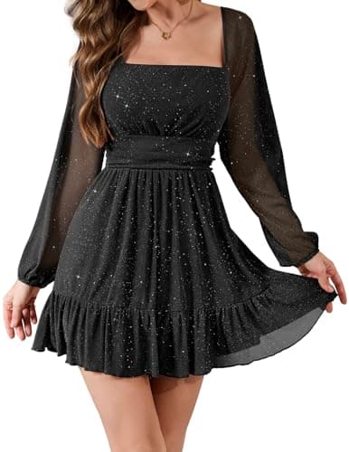 Image of Bridesmay Women's Sparkly Sequin Cocktail Dresses UK Plus Size,Square Neck Mesh Long Sleeve Black Short Homecoming Dress (Black,XXL)