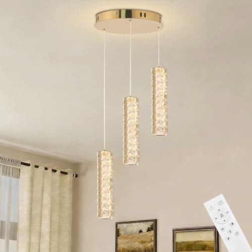 Image of diisunbihuo 3 Light Crystal Pendant Light, Dimmable 3CCT LED Chandelier with Remote Control, Adjustable up to 1.4m, Copper Gold Tone for Kitchen Island & Dining Room