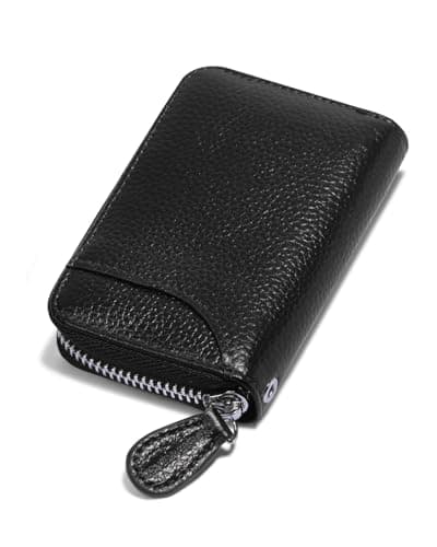 Image of Credit Card Holder Small RFID Blocking Ladies Wallet with Stainless Steel Zipper Excellent Genuine Leather Accordion Wallets Case for Mens and Womens id Compact Slim Blocked Zip Accordian Cards Black