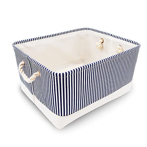 Image of Mangata Washable Collapsible Thickened Canvas Fabric Storage Box with Handles (Large, Blue Stripe)