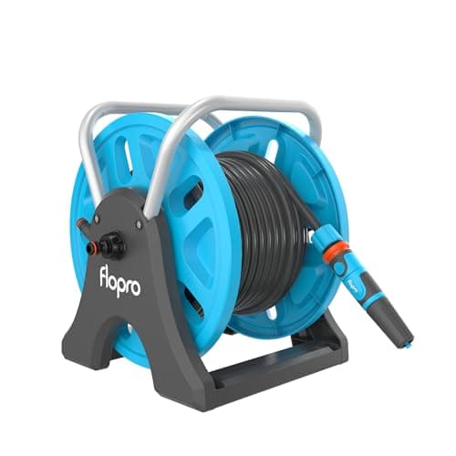 Image of FLOPRO-Garden Hose Reel 25m: 2-in-1 Ideal as Free Standing or Wall Mounted Hose Reel. Robust Frame for Stability. Complete with FLOPRO Hose Pipe Connector Set & Nozzle- Fits All Brands
