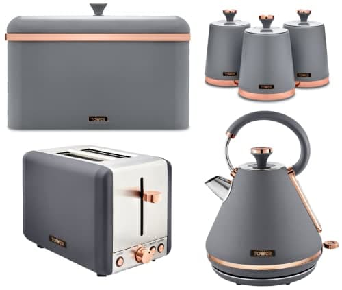 Image of TOWER Cavaletto Grey & Rose Gold 3KW 1.7L Pyramid Kettle, 2 Slice 850W Toaster, Bread Bin, Set of 3 Tea, Coffee, Sugar Canisters. Matching Kitchen Set of 6 Items in Grey & Rose Gold