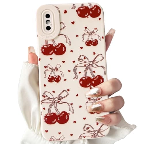 Image of NITITOP Compatible with iPhone X/XS Case Cute Bowknot Cherry Pattern Little Heart for Women Girl Soft TPU Shockproof Protective Phone Cover Girly - White