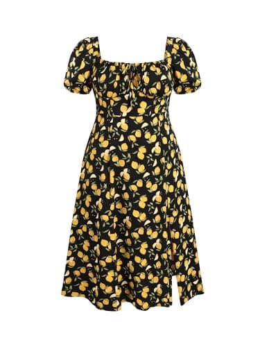 Image of CIDER Midi Dress Summer Dresses for Women 2024 Plus Size Summer Dresses Fruit Square Neck Puff Sleeve Midi Dress Curve & Plus, Black, 2X