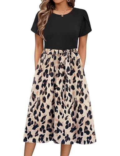 Image of Zeagoo Women's Summer Dress Crewneck A Line Short Sleeve Print Midi Dresses Ladies Casual Floral Dress with Belt Black A XL