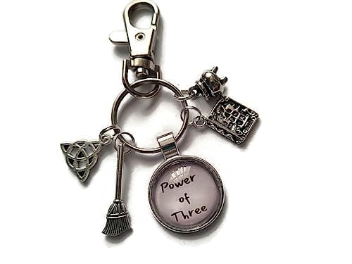 Image of POWER of THREE 20mm glass cabochon bag clip keyring gift, witch 3 witches fantasy halloween birthday Xmas present, charmed triquetra fandom gift