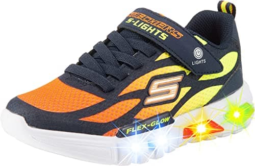 Image of Skechers Boys Flex-glow Dezlom Sneaker, Navy Synthetic Textile Orange Yellow Trim, 12.5 UK