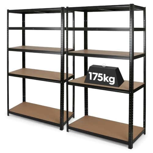 Image of Harbour Housewares 5-Tier Steel Garage Shelving Units Set - Matt Black - 2pc Heavy Duty Free Standing Industrial Shed Storage Racking Shelves | Boltless Assembly | 875kg Capacity | 90 x 40 x 180cm