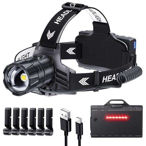 Image of ET Head Torch Rechargeable, Super Bright 100000 LM LED Headlamp with 5 Modes & 30 Hours Runtime & IPX7 Waterproof & 120°Adjustable & Zoomable,Red Warning Headlight for Running Hiking Fishing Cycling