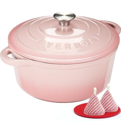 Image of Overmont 28cm/6.6L Enamelled Cast Iron Round Casserole Pot With Lid Cookbook & Cotton Potholders - Non-stick Dutch Oven Cookware for Braising, Stews, Roasting, Bread Baking - Pink, 7QT