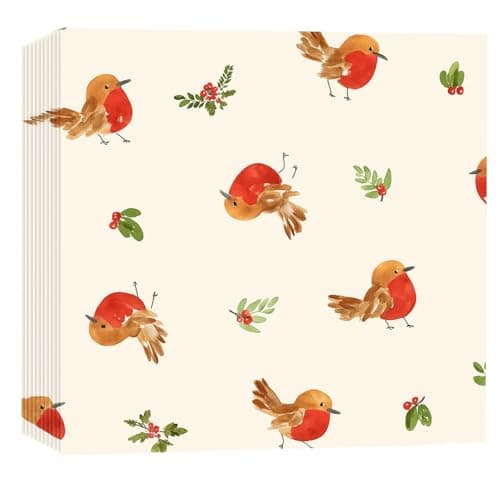 Image of Glick Luxury Christmas Napkins, Pack 20, 3 Ply, Respendent Robins, Fully Recyclable, 33 x 33 cm When Opened, White, Red & Green