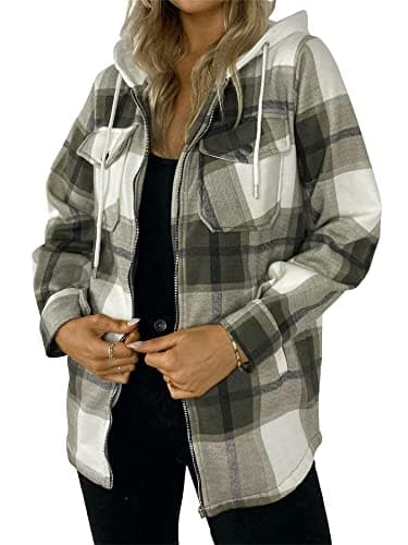Image of RAIS Ladies Check Oversized Hooded Fleece Jacket Shacket Casual Winter Shirt (Khaki, 8-10)