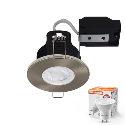 Image of paul russells Dimmable LED Downlights Recessed Ceiling Lights, Fire Rated GU10 Spotlights Can, 65-70mm, IP65, 4.5Watt = 50W Equivalent, Satin Nickel Bezel, Include 2700K Warm White Bulb, 1 Pack