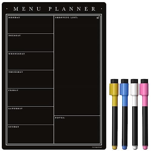 Image of TMS Magnetic Weekly Planner with Liquid Chalk Pens, Fridge Kitchen Blackboard - Meal Planner and Shopping List - Dry Wipe Magnetic Chalkboard, Family Planner Whiteboard (Black Chalkboard, A4)