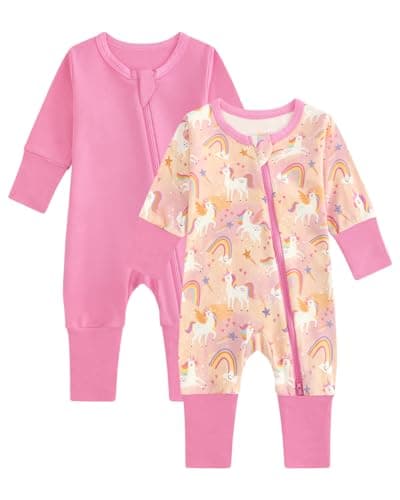 Image of JiAmy 2 Pack Baby Sleepsuits Baby Grows Cotton Two-Way Zip Long Sleeve Footed Pajamas with Mitten Cuffs Newborn Clothes for Boys Girls 18-24 Months Pink
