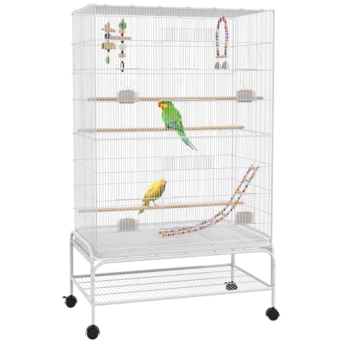 Image of PawHut Large Bird Cage Budgie Cage with Stand, Toys, Wheels, Accessories, Storage Shelf for Canaries, Finches, Lovebirds, Parakeets - White, 79 x 49 x 133 cm