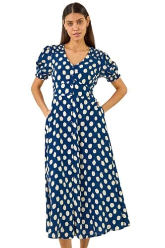 Image of Roman Originals Swing Tea Dress Women UK Ladies Skater Midi A Line Fit & Flare Summer Casual Smart Cocktail Party Going Out Work Cruise Button Through Long Pocket - Spot Navy - Size 16