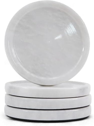 Image of Earthen Crafts White Marble Coasters – Set of 4 Round Handmade Stone Coasters (4 Inch) – Modern Farmhouse Coffee Table Decor – Bar, Dining Table & Housewarming Gift Set