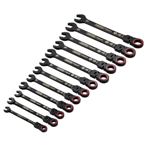Image of Draper 03929 Expert HI-TORQ Metric Flexible Head Ratchet Combination Spanner Set, Black (12 Piece)