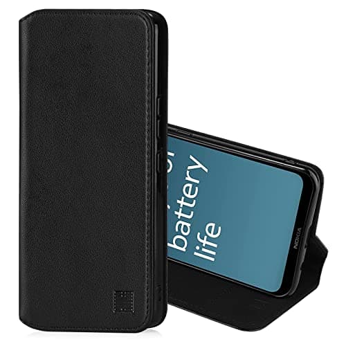 Image of 32nd Classic Series 2.0 - Real Leather Book Wallet Flip Case Cover For Nokia C21 Plus, Real Leather Design With Card Slot, Magnetic Closure and Built In Stand - Black
