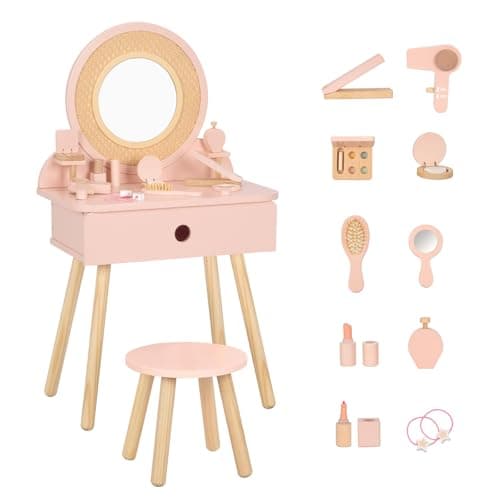 Image of OOOK Kids Dressing Table, Pink Kids Vanity Table and Chair with 11 Pcs Wooden Makeup Set, Pretend Dresser Desk Chair Set, Girls Vanity for 3 Year Old and Up