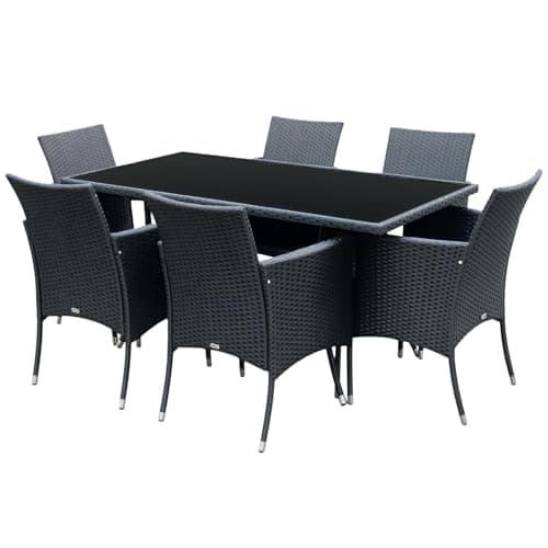 Image of Outsunny 7-Piece Rattan Garden Furniture Set with Cushions, 6 Seater Garden Table and Chairs, Rattan Dining Set with 6 Armchairs, Rectangular Glass Top Table, Black