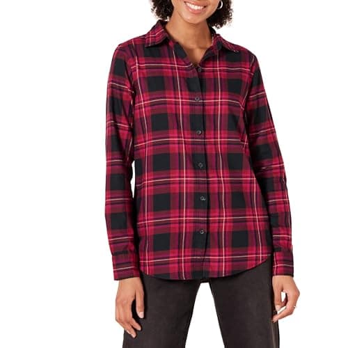 Image of Amazon Essentials Women's Classic-Fit Long-Sleeve Lightweight Plaid Flannel Shirt, Black Pink Chelsea Tartan, X-Small