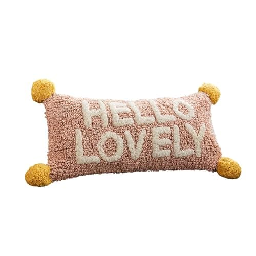 Image of KENSINGTONS LUXURY BEDDING Pack of 2 Tufted “Hello Lovely” Cushions – Pink Decorative Pom Poms Rectangle Pillows for Sofa, Bed & Home Decor – Polyester Filled Embroidered Cushion – 30x50cm