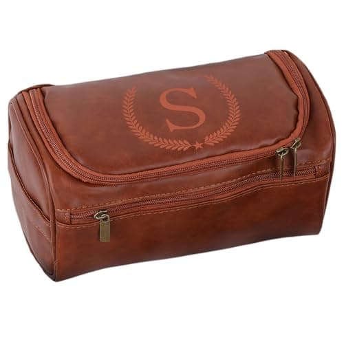 Image of JOUWUI Mens Toiletry Bags,Personalised Toiletry Wash Bag for Travel, Gym & Shaving,Engraved Hanging Pu Leather Wash Bag with Initial,Gifts for Birthday,Valentine's Day,Father's Day (Initial S)