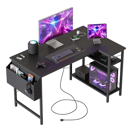 Image of Mericonia Small L Shaped Desk with Power Outlets,100 cm L Computer Corner Desks with Reversible Shelves, Gaming Desk, Study Writing Table for Home Office, Black