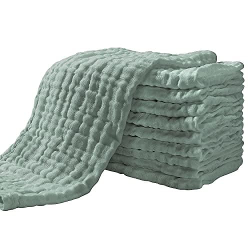 Image of Yoofoss Baby Muslin Squares 10 Pack 4 Layer Super Soft and Absorbent Face Cloths 100% Cotton 30x50cm Dark Green