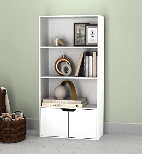 Image of URBNLIVING 4 Tier Wide Wooden Bookcase Cupboard with 2 Doors Storage Shelving Display Shelf Cabinet Unit (White with White Doors)