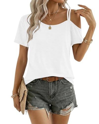 Image of PLMOKEN Ladies Summer Off Shoulder Tops - Casual Slash Neck T-Shirt Short Sleeve Cold Shoulder Tunic for Women UK Off-White L