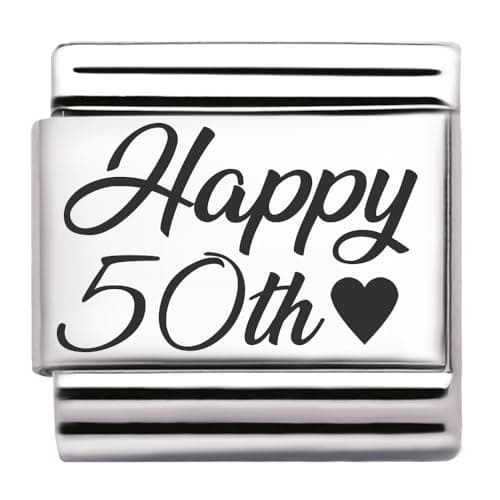 Image of Happy Birthday Engraved Italian Charm – 9 mm Stainless Steel Link – Fits All Modular Stretch Bracelets – Jewellery Gift Idea for Birthday, Jubilee or Year Number (Happy 50th)