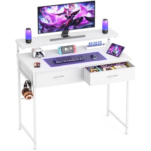 Image of HOMIDEC Gaming Desk with Adjustable Monitor Stand, Computer Office Desk with 2 Storage Drawers, Gaming Table with Headphone Hook, Carbon Fibre Surface, for Gamers, Workers and Students, White, 80cm