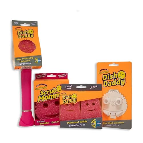 Image of Scrub Mommy Dishwashing Brush with Soap Dispenser, 2 Refill Heads, 1 Pink Sponge & Joint Head, Texture Changing Sponges with Handle