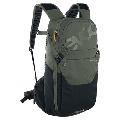 Image of EVOC RIDE 12 protector bike backpack, trekking backpack for trails & everyday use (clever pocket management, AIR-PAD back padding, helmet holder, backpack), dark olive/black