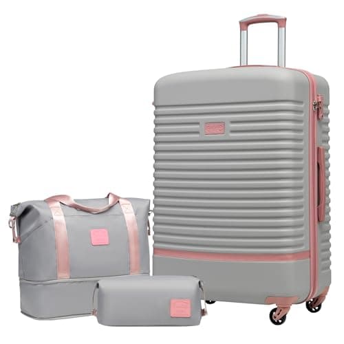 Image of COOLIFE Suitcase Set 3PC - 28" Lightweight ABS Hard Shell Luggage + Travel Bag， Large Suitcase with 360° Wheels, TSA Locks for Family Travel, Cruise & Long Trips Grey/Pink