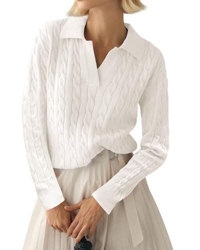 Image of LACOZY Womens Lightweight Long Sleeve Collared Neck Sweater Shirts Casual Cable Knit Pullover Tops 2025 White M
