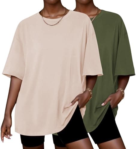 Image of Ekouaer 2 Pack T Shirts for Women Summer Oversized Womens Tops Soft Short Sleeve Ladies Tshirt Basic T-Shirt, Green + Beige M