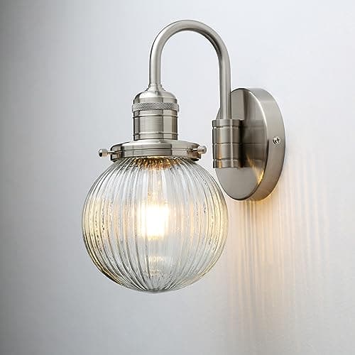 Image of JIMUBEAM Industrial Vintage Gooseneck 1-Light Wall Sconce with 5.9" Round Ribbed Clear Glass Globe Lampshade Indoor Wall Mounted Lamp Fixture for Bedroom Living Room Vanity Bathroom