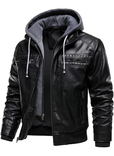 Image of HOOD CREW Men's PU Leather Jacket with Detachable Cap - Windproof, Warm & Multifunctional Waterproof, Multiple Pockets