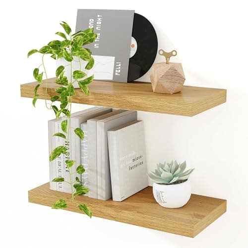 Image of Feihorrm Floating Shelves for Wall, 40cm Oak Floating Wall Shelves Deep Wooden Wall Mounted Shelving Book Shelves for Living Room Bathroom Bedroom Kitchen Storage & Organizer, Set of 2