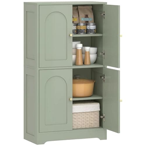 Image of HOMCOM 110cm Kitchen Cupboard, Freestanding Kitchen Storage Cabinet with 4 Arched Doors and 2 Adjustable Shelves, Modern Pantry Cupboard for Dining Room, Green
