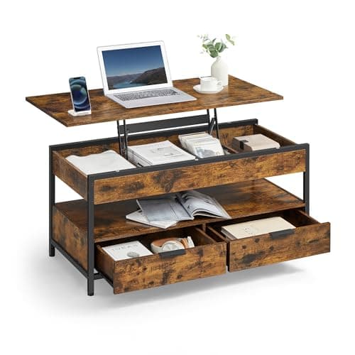 Image of VASAGLE Lift Top Coffee Table, Living Room Table, with Storage Drawers, Hidden Compartments, and Open Shelf, Rustic Brown and Ink Black LCT209K01